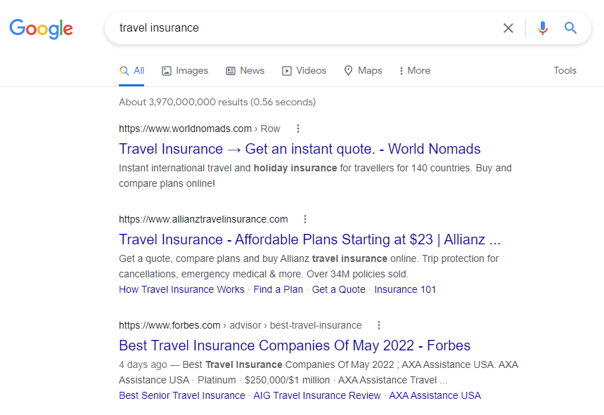 Travel insurance 구글 검색 결과