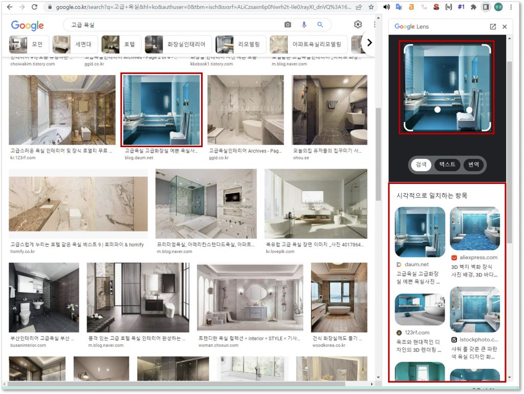 구글 렌즈로 이미지 검색을 클릭합니다. 새 탭에 검색 결과가 표시