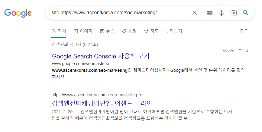 색인이 되는 경우 검색 결과 페이지